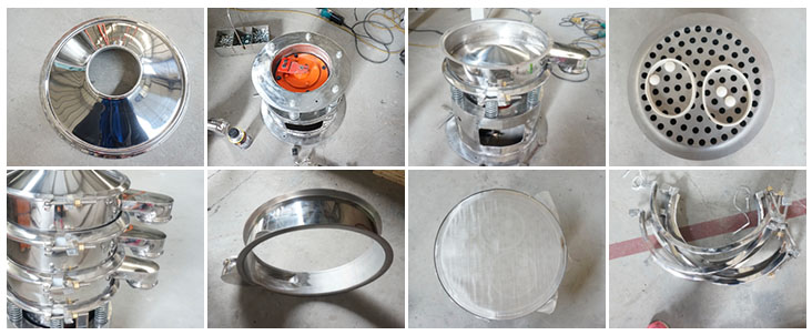 不銹鋼振動篩結構展示：防塵蓋，出料口，閘門，篩網于彈跳球，底座，振動彈簧等。