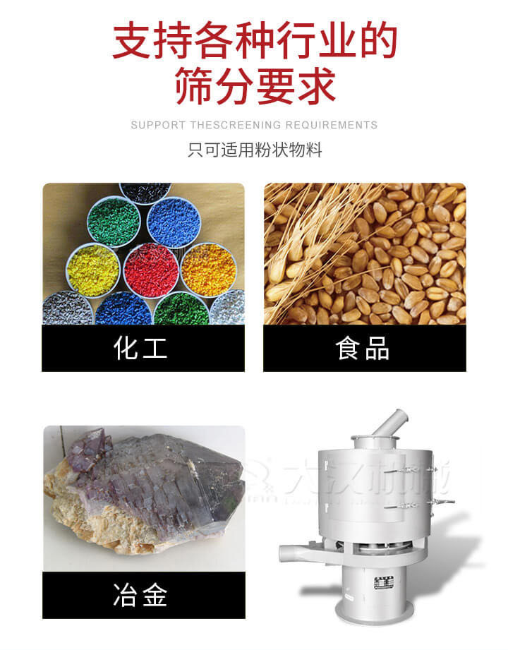氣流篩用于礦粉，石墨粉，活性納米碳酸鈣，鋁灰，大豆粉，碳酸重鈣，石墨粉，木粉，干草，重金石粉，藥粉末，橡膠顆粒，草酸鹽，干料粉，木粉，聚酯粉，干粉，塑料，金屬粉末，橡膠粉，粉煤灰，石墨粉，陶瓷粉，鋅粉，石英粉，石灰粉，鐵粉，金屬硅粉等。