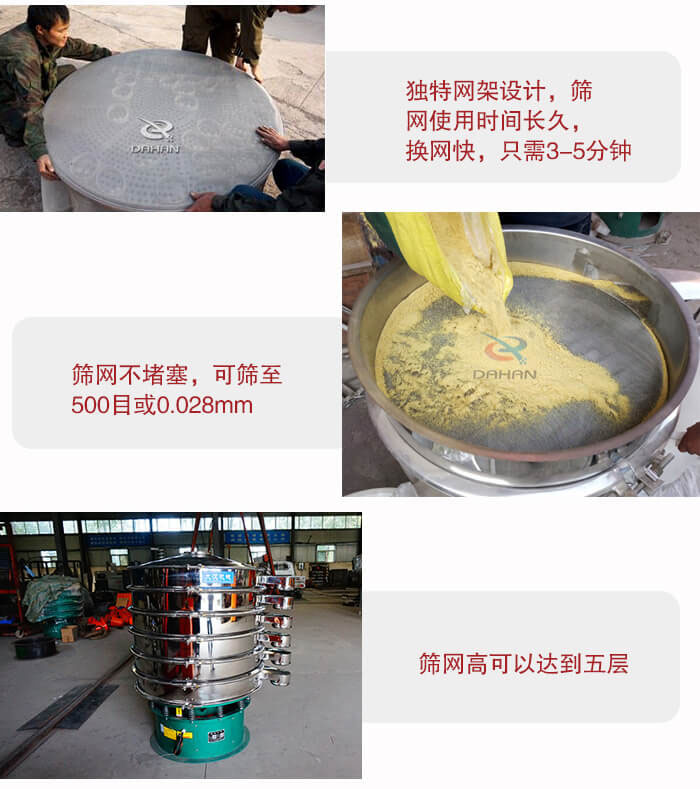 三次元振動篩的特點：篩網使用時間長換讓時間短，篩網不堵塞，可篩至500目或0.028mm。