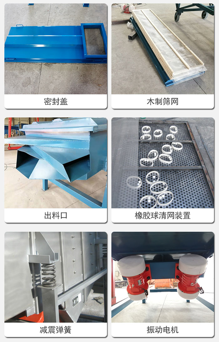 直線篩結(jié)構(gòu)展示：篩網(wǎng)，篩箱，振動電機，振動電機座，減震彈簧，支架等部件展示圖