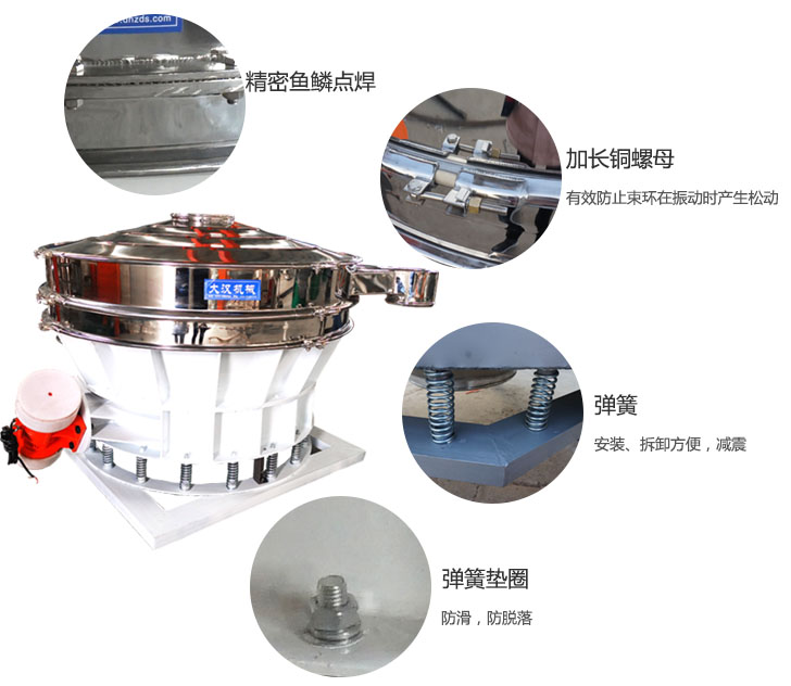 1500直排篩細節展示：彈簧，彈簧墊圈，加長銅螺母。