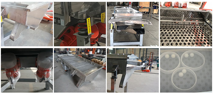 不銹鋼直線篩不同定制出料口,電機,篩網(wǎng),篩箱,彈跳球等部件細節(jié)展示