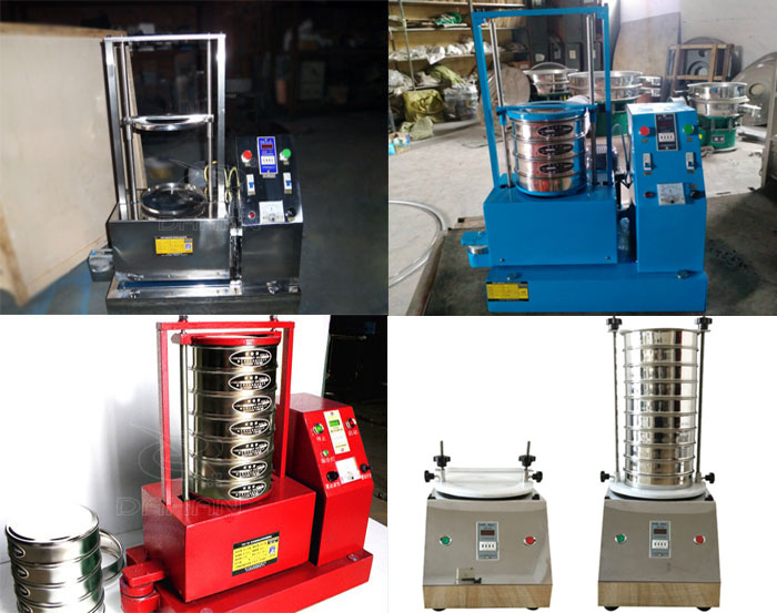 三種不同類型的試驗篩，區別控制臺在下部或在右側。材質為不銹鋼和碳鋼兩種，碳鋼材質做了噴漆有：紅色和藍色兩種。
