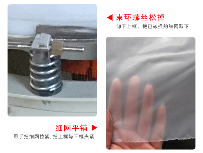 換網步驟：先松開束環，把新的細網平鋪在網架上繃緊