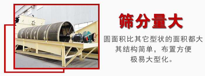 滾筒篩篩分產(chǎn)量大，產(chǎn)量可達(dá)200噸/時