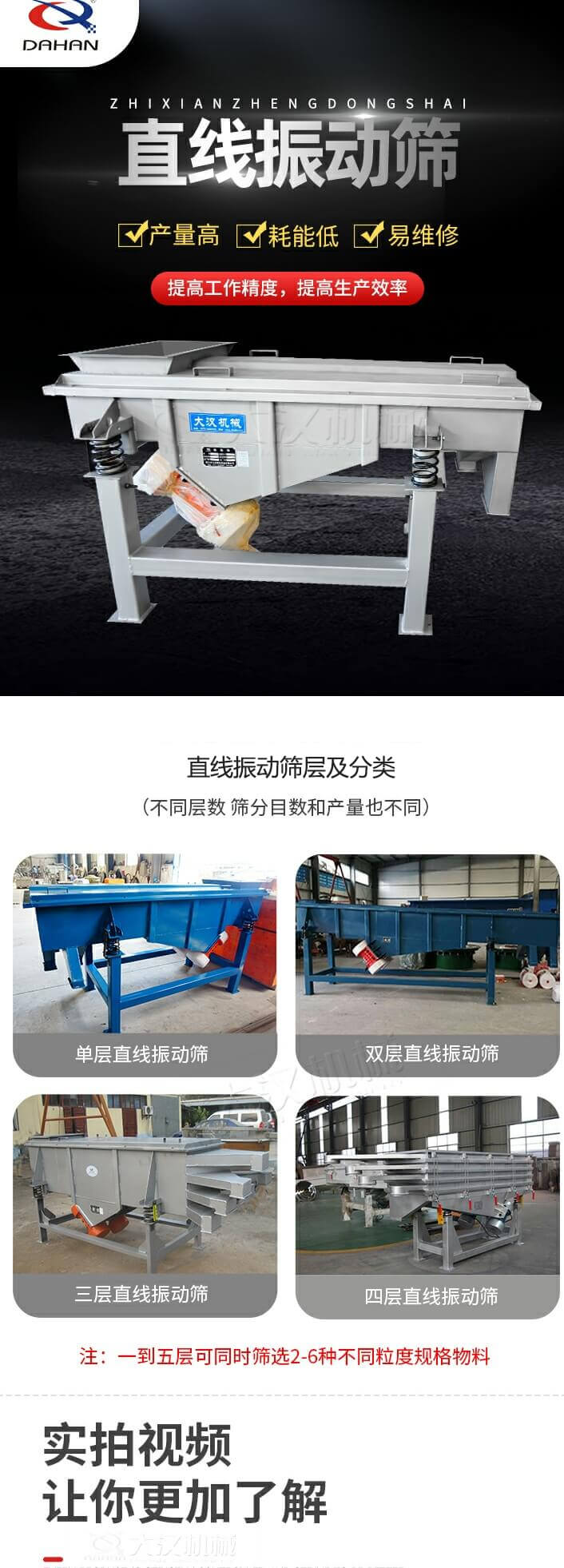 直線振動(dòng)篩概述,產(chǎn)量高,耗能低,易維修,提高工作精度,提高生產(chǎn)效率,直線振動(dòng)篩層級(jí)分類(lèi):不同層數(shù),篩分目數(shù)和產(chǎn)量也不同:?jiǎn)螌樱p層,三層,四層等。