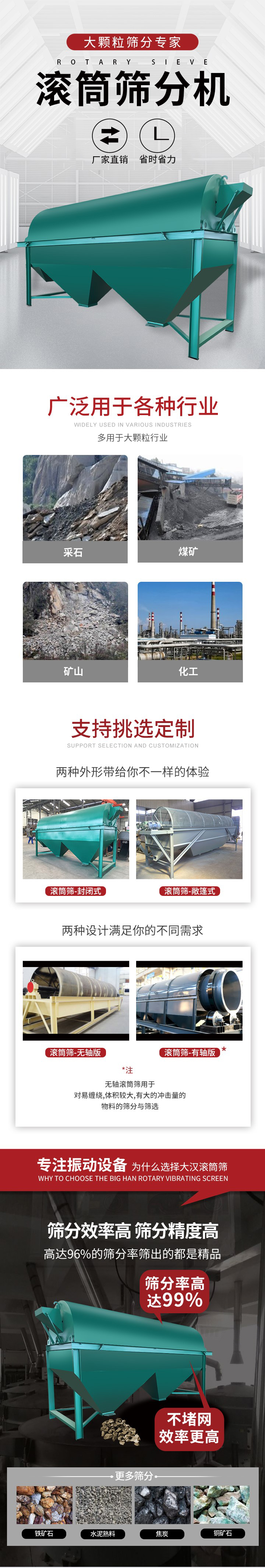 滾筒篩分機(jī)大顆粒篩分專家：廠家直銷，省時(shí)省力。滾筒篩被廣泛應(yīng)用各種行業(yè)：多用于大顆粒行業(yè)例如：采石，煤礦，礦山，化工等。滾筒篩定制類型有哪些：封閉式與敞篷式產(chǎn)品結(jié)構(gòu)分為：無軸式，有軸式兩種，無軸滾筒篩用于對(duì)纏繞，體積較大，有大的沖擊量的物料的篩分與篩選。滾筒篩篩分效率高篩分精度能夠達(dá)到：96%也比較適用于鐵礦石，水泥熟料，焦炭，銅礦石。滾筒篩特點(diǎn)：不飛粉末：密封隔離罩，密封性好，工作過程不會(huì)出現(xiàn)飛粉現(xiàn)象。外型尺寸是按筒體長(zhǎng)計(jì)