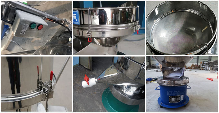 過(guò)濾篩細(xì)節(jié)展示:控制開(kāi)關(guān),篩框,出料口閥門(mén),底座等