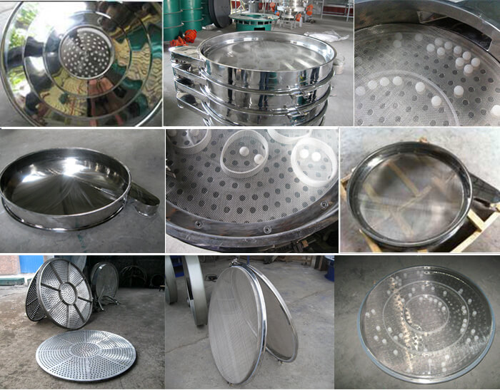 食品振動(dòng)篩細(xì)節(jié)展示:防塵蓋,篩框,網(wǎng)架,底框等。
